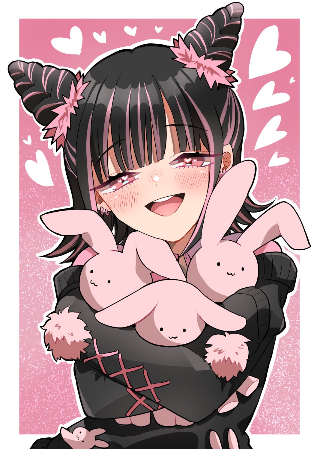 1girl, black_hair, black_sweater, blush, chacha_kamimaru, colored_tips, drill_hair, hairband