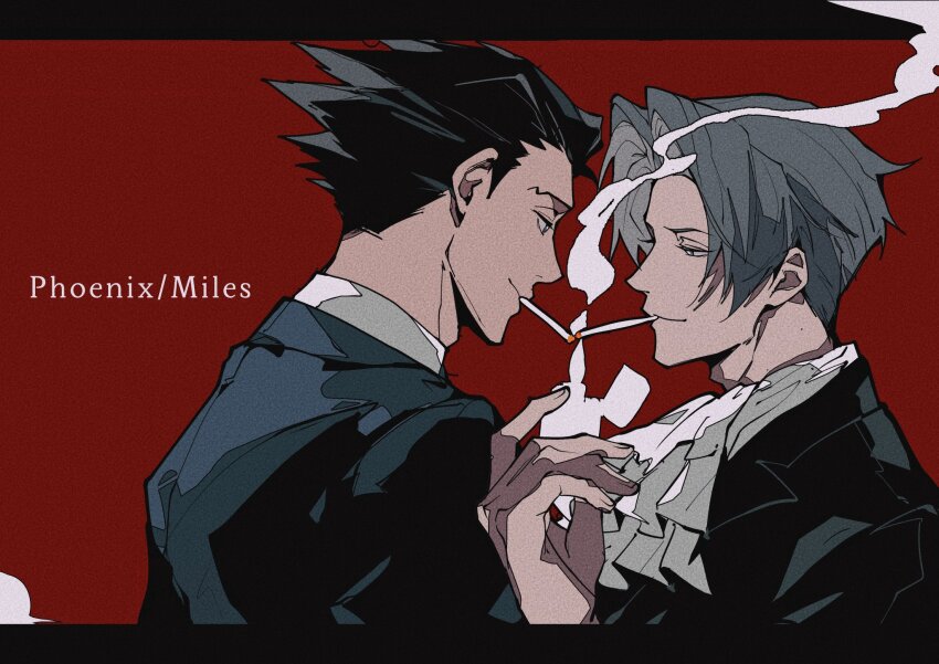 2boys, ace_attorney, arm_up, ascot, black_hair, black_jacket, c138300, character_name