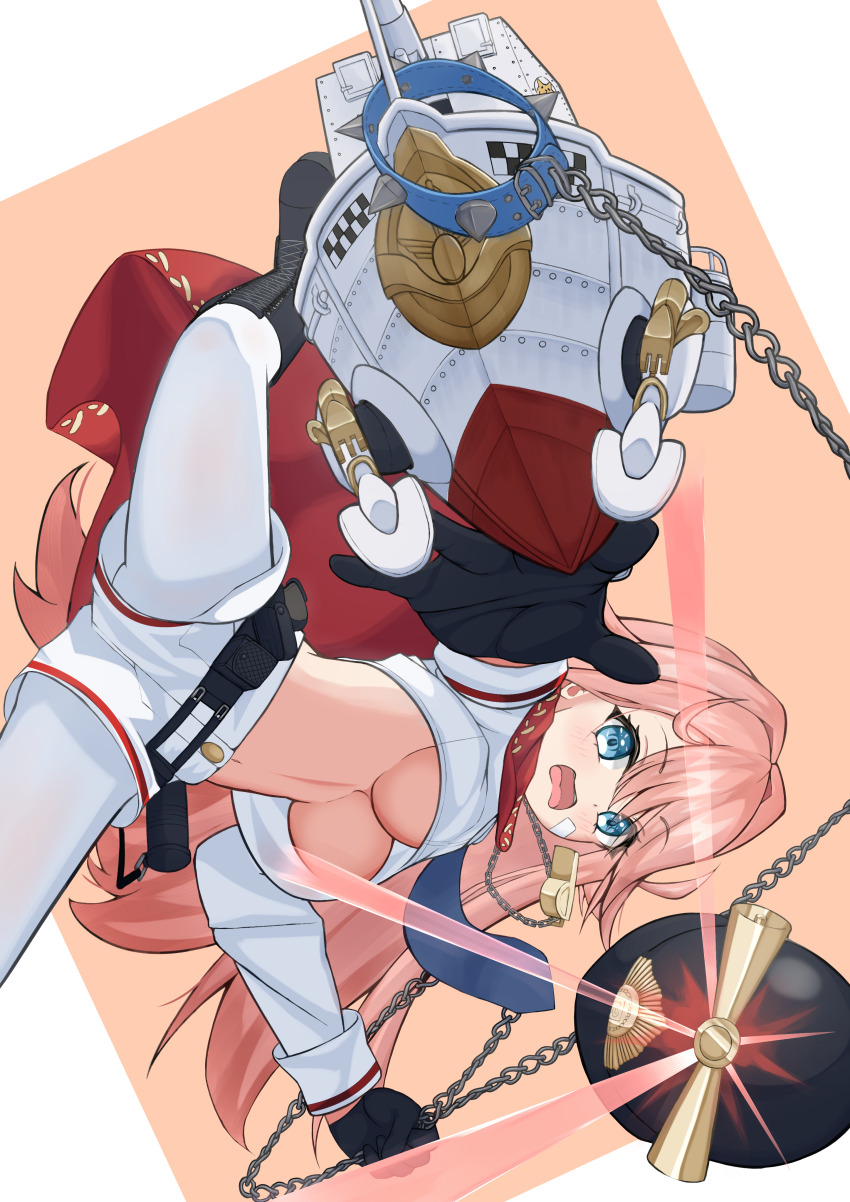 1girl, absurdres, aqua_eyes, azur_lane, bandaid, bandaid_on_face, black_boots, black_gloves, blue_eyes, blush, boots, breasts, cape, chain, convenient_censoring, custodian_helmet, gallant_(azur_lane), gloves, hat, helmet, highres, large_breasts, long_hair, looking_at_viewer, no_bra, open_mouth, pantyhose, pink_hair, police_hat, red_cape, rigging, shorts, simple_background, solo, super_mizow, underboob, upshirt, whistle, whistle_around_neck, white_pantyhose, white_shorts