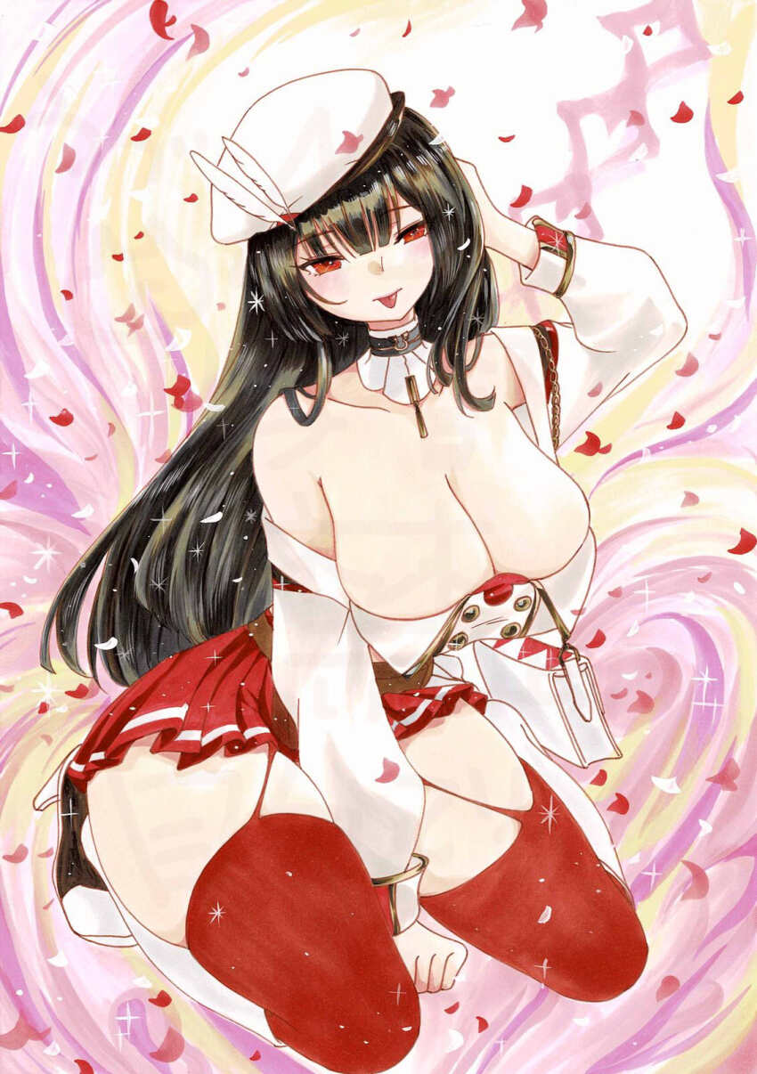 1girl, :p, azur_lane, bare_shoulders, beret, black_hair, breasts, cleavage