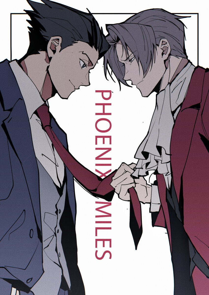 2boys, ace_attorney, ascot, black_hair, blue_jacket, c138300, closed_mouth, clothes_grab