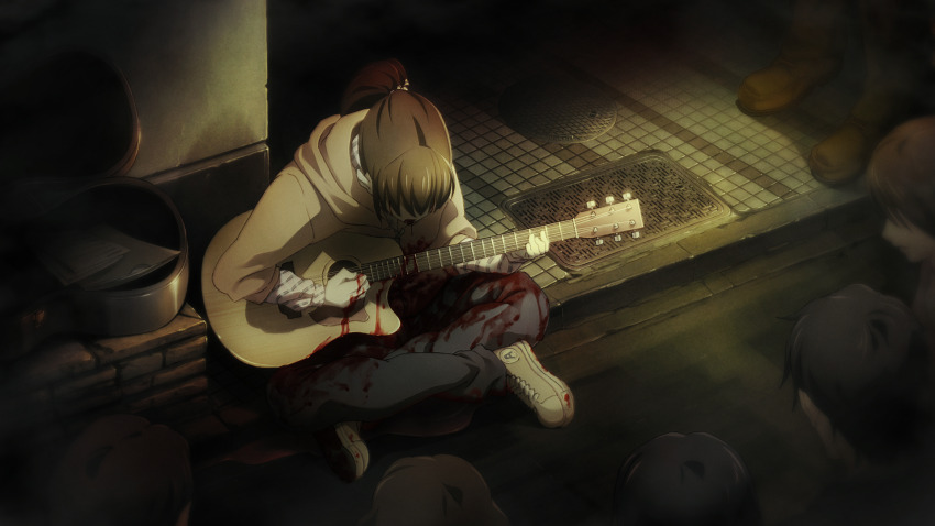 1girl, 6+others, bleeding, blood, blood_from_mouth, blood_on_clothes, blood_on_hands, blood_on_instrument, blood_stain, blue_pants, boots, brick_wall, brown_boots, brown_hair, brown_hoodie, chaos;child, concrete, crossed_legs, crowd, curtained_hair, dark, death, dim_lighting, elbow_sleeve, game_cg, guitar, head_down, highres, hood, hoodie, instrument, leather, leather_boots, long_hair, multiple_others, music, official_art, on_ground, outdoors, pale_skin, pants, playing_guitar, playing_instrument, ponytail, pool_of_blood, road, sasaki_mutsumi, science_adventure, shirt, shoes, sitting, sneakers, takayanagi_momone, white_shirt, yellow_shoes