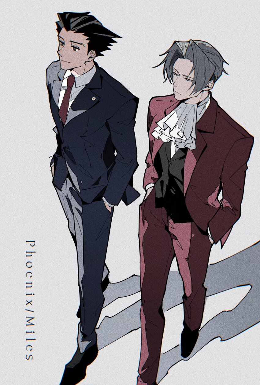2boys, ace_attorney, ascot, black_hair, black_shoes, black_vest, blue_jacket, blue_pants