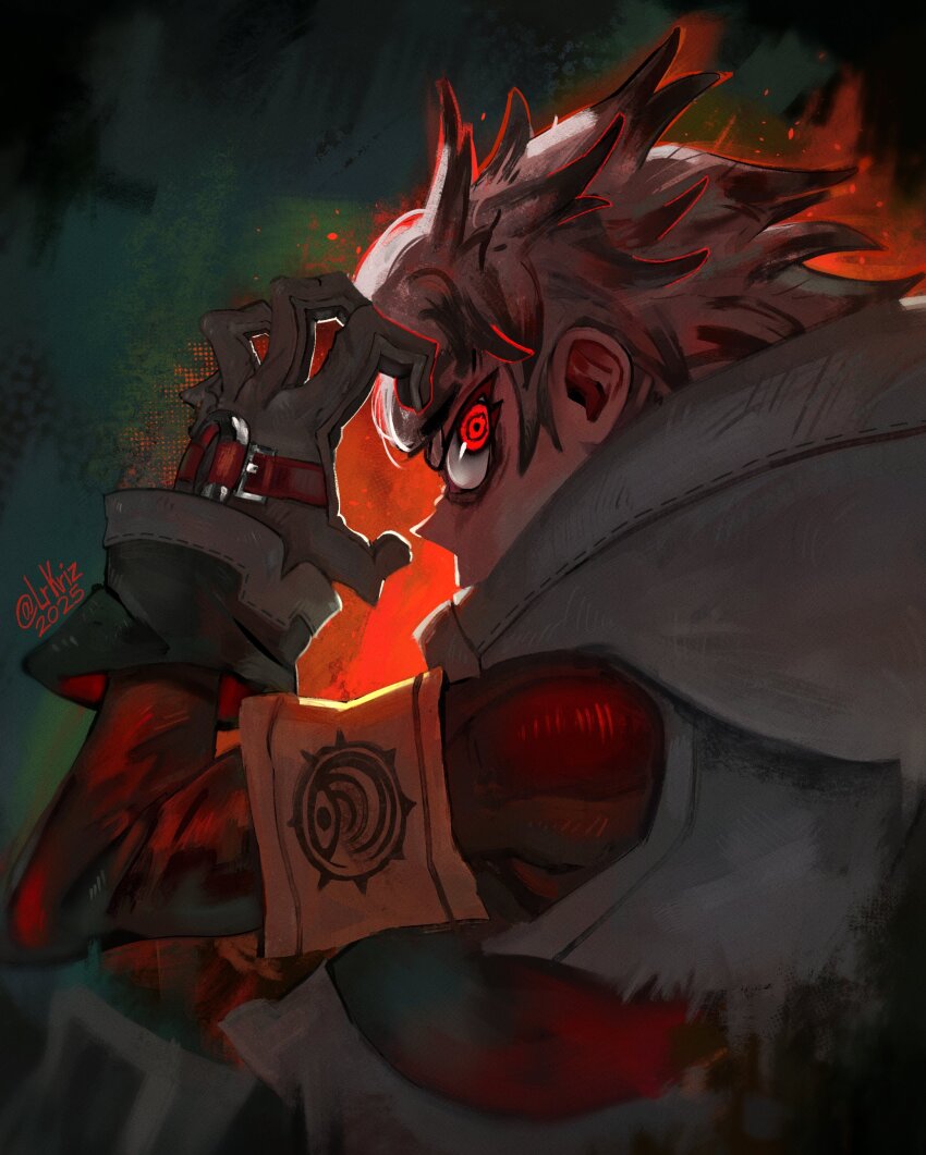 1boy, absurdres, armband, aura, black_hair, colored_tips, cropped_vest, gachiakuta, gloves, grey_gloves, grey_hair, grey_vest, hand_up, highres, hood, hood_down, hooded_vest, hoodie, looking_at_viewer, lrkriz, male_focus, multicolored_hair, outline, profile, red_eyes, red_outline, red_sleeves, ringed_eyes, rudo_surebrec, short_hair, sideways_glance, solo, spiked_hair, two-tone_hair, upper_body, v-shaped_eyebrows, vest, yellow_armband