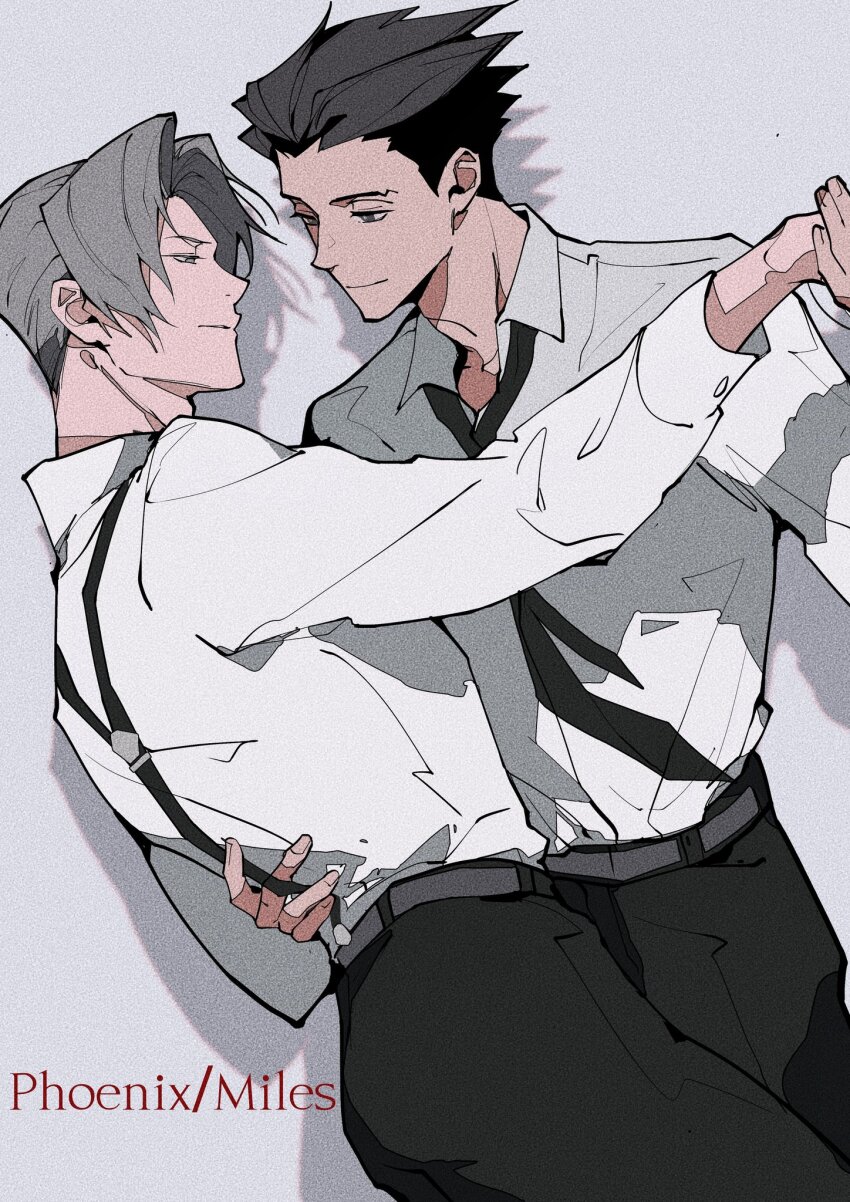 2boys, ace_attorney, adam's_apple, arm_around_another's_waist, belt, black_hair, black_necktie, black_pants, brown_eyes, c138300, character_name, closed_mouth, collared_shirt, commentary, cowboy_shot, curtained_hair, dancing, drop_shadow, eye_contact, film_grain, grey_background, grey_belt, grey_hair, hashtag-only_commentary, highres, holding_hands, long_sleeves, looking_at_another, male_focus, miles_edgeworth, multiple_boys, necktie, open_collar, outstretched_arm, pants, phoenix_wright, shirt, shirt_tucked_in, short_hair, short_sideburns, sideburns, smile, suspenders, white_shirt, wing_collar, yaoi