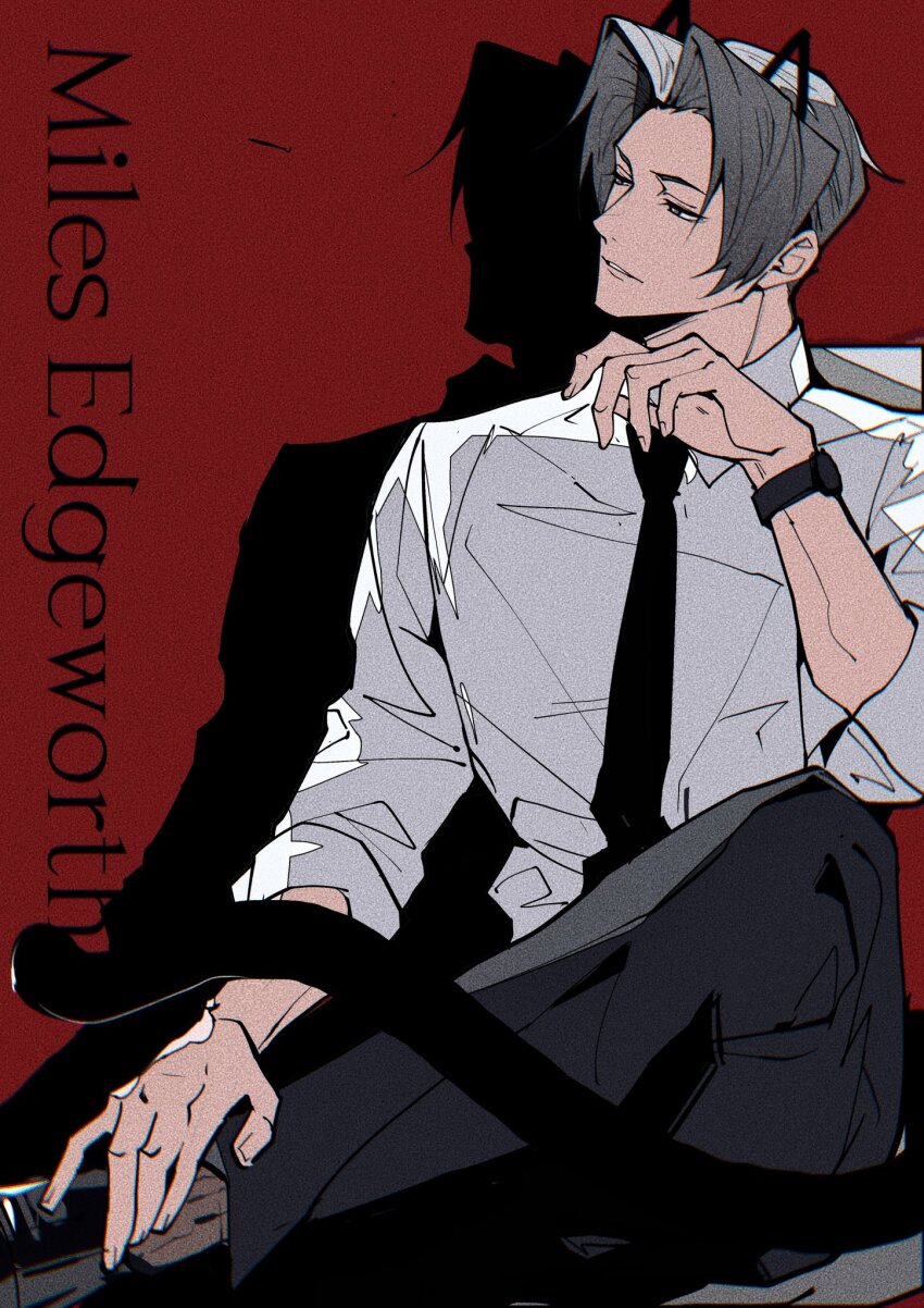 1boy, ace_attorney, animal_ears, arm_up, black_necktie, black_shoes, c138300, cat_boy