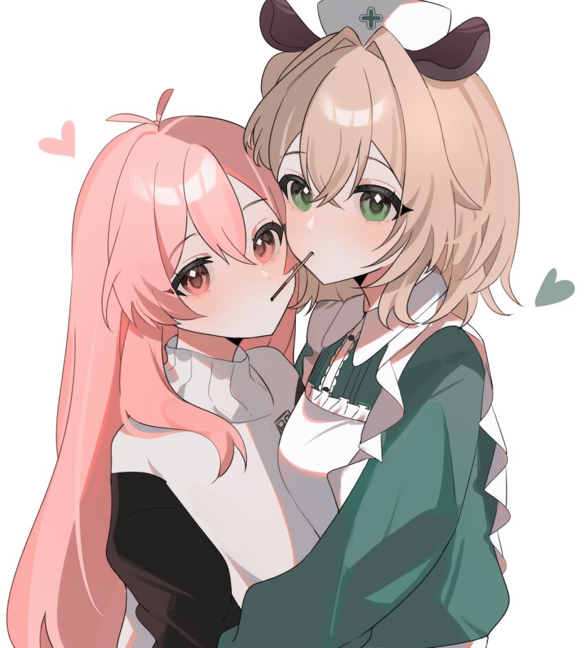2girls, ahoge, animal_ears, antenna_hair, apron, arms_at_sides, black_sleeves, black_sweater