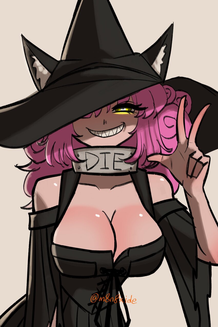 1girl, animal_ear_fluff, animal_ears, arm_up, bare_shoulders, black_corset, black_ears, black_hat, black_ribbon, black_sleeves, black_souls, black_souls_2, cat_ears, cat_girl, cheshire_cat_(black_souls), choker, cleavage_cutout, clothing_cutout, corset, curly_hair, detached_sleeves, frilled_sleeves, frills, glowing, glowing_eye, grey_background, grey_choker, grin, hat, hat_over_one_eye, highres, looking_at_viewer, m8n8xide, medium_hair, ribbon, signature, slit_pupils, smile, solo, v, witch_hat, yellow_eyes