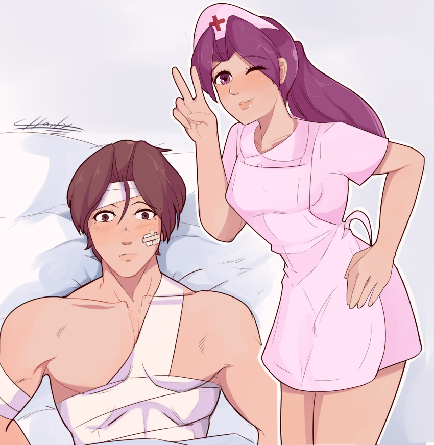 1boy, 1girl, asamiya_athena, bandages, brown_hair, charlyarts, highres, kusanagi_kyou