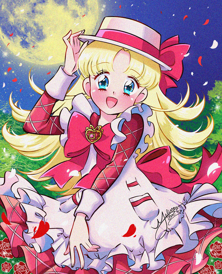 ashita_no_nadja, blonde_hair, blue_eyes, blush, dress, flower, full_moon, hat