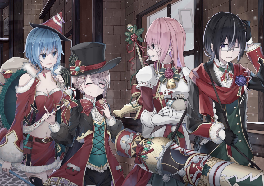 1boy, 3girls, adah_(grimms_notes), adah_(seiya)_(grimms_notes), annoyed, armor, bare_shoulders, black_gloves