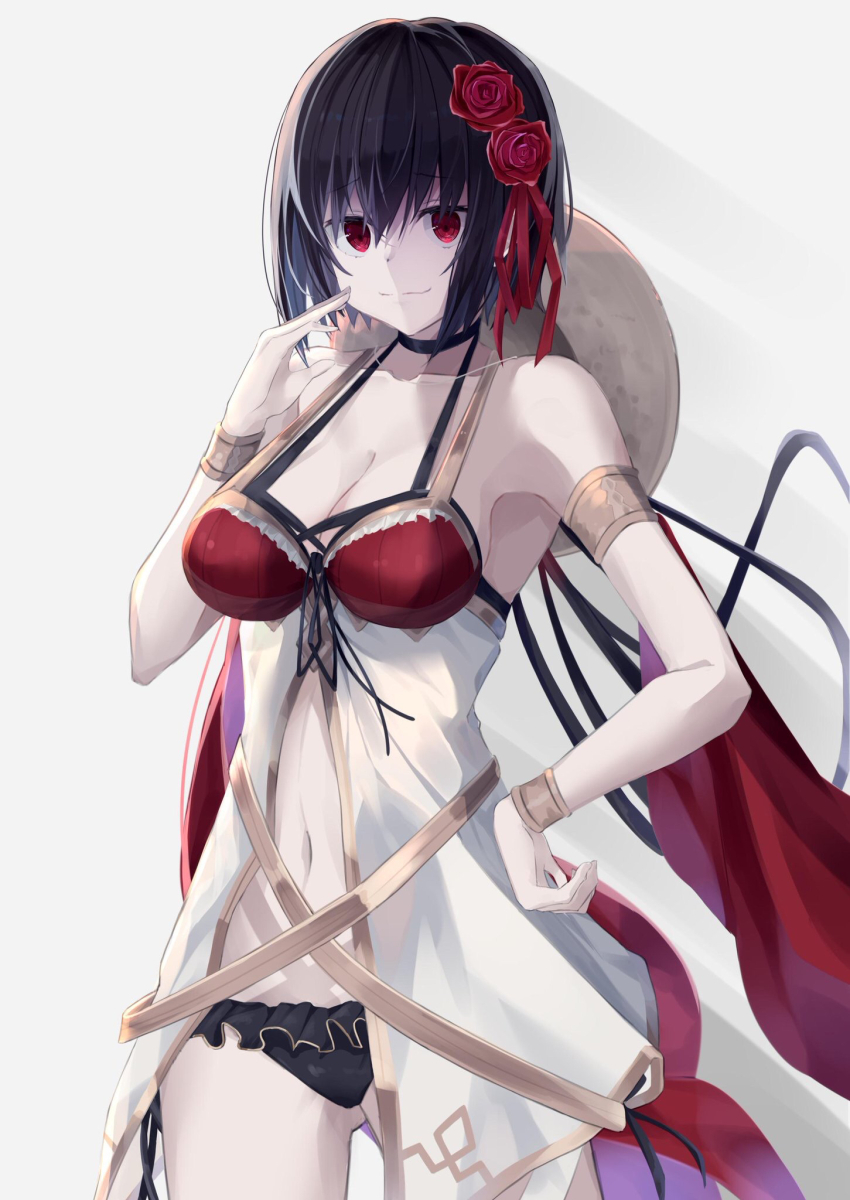 1girl, alternate_costume, armpits, black_choker, black_hair, black_panties, breasts, choker, closed_mouth, cowboy_shot, dress, flower, frilled_panties, frills, gluteal_fold, grimms_notes, hair_flower, hair_ornament, hand_on_own_hip, hat, highres, iumi_urura, medium_breasts, navel, panties, prelati_(grimms_notes), red_eyes, red_flower, red_rose, rose, short_hair, sideboob, smile, solo, straw_hat, underwear, white_background, white_dress