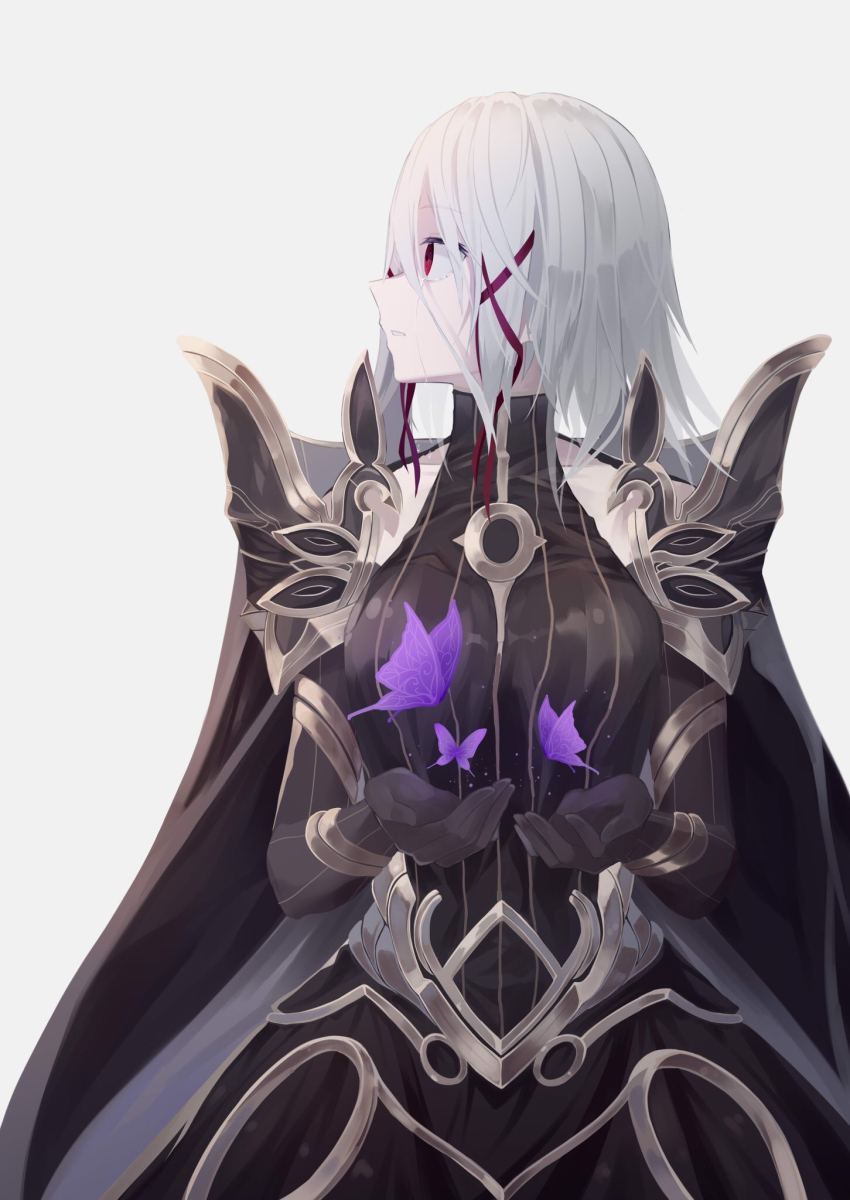 1girl, bare_shoulders, breasts, brown_cape, brown_dress, brown_gloves, bug, butterfly, cape, collarbone, cowboy_shot, dress, elbow_gloves, gloves, grimms_notes, highres, insect, iumi_urura, large_breasts, long_hair, looking_to_the_side, parted_lips, purple_butterfly, red_eyes, simple_background, solo, teeth, true_morrigan_(grimms_notes), white_background, white_hair