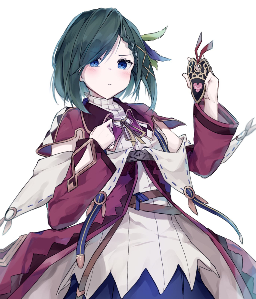 1girl, blue_eyes, blue_skirt, bookmark, capelet, closed_mouth, detached_sleeves, green_hair