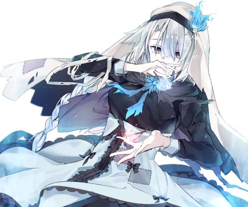 1girl, bandages_over_clothes, black_dress, black_ribbon, blue_fire, braid, breasts, chaos_match_girl_(grimms_notes)