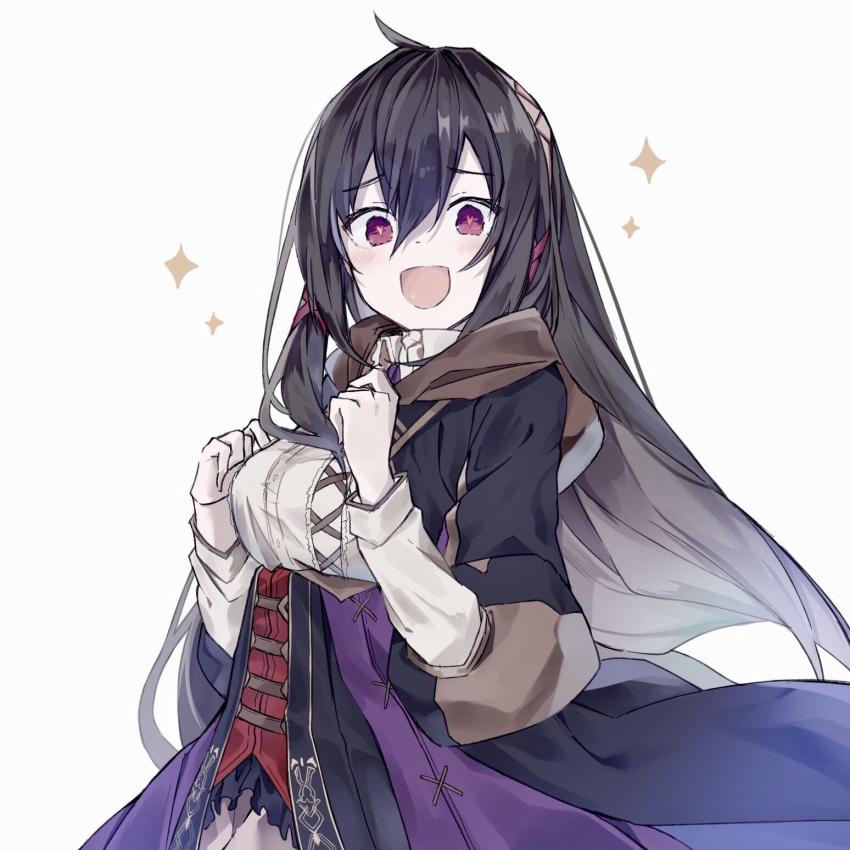 1girl, breasts, brown_hair, brown_hairband, corset, elena_wyllt_(grimms_notes), grimms_notes, hairband, heart, heart-shaped_pupils, highres, iumi_urura, large_breasts, light_blush, long_hair, long_sleeves, looking_at_viewer, open_mouth, puffy_long_sleeves, puffy_sleeves, red_corset, shirt, simple_background, smile, solo, sparkle, symbol-shaped_pupils, upper_body, white_background, white_shirt