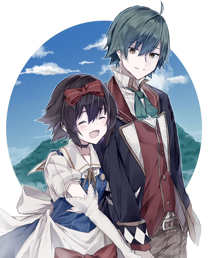 1boy, 1girl, ahoge, apron, black_choker, black_hair, black_jacket, blue_dress