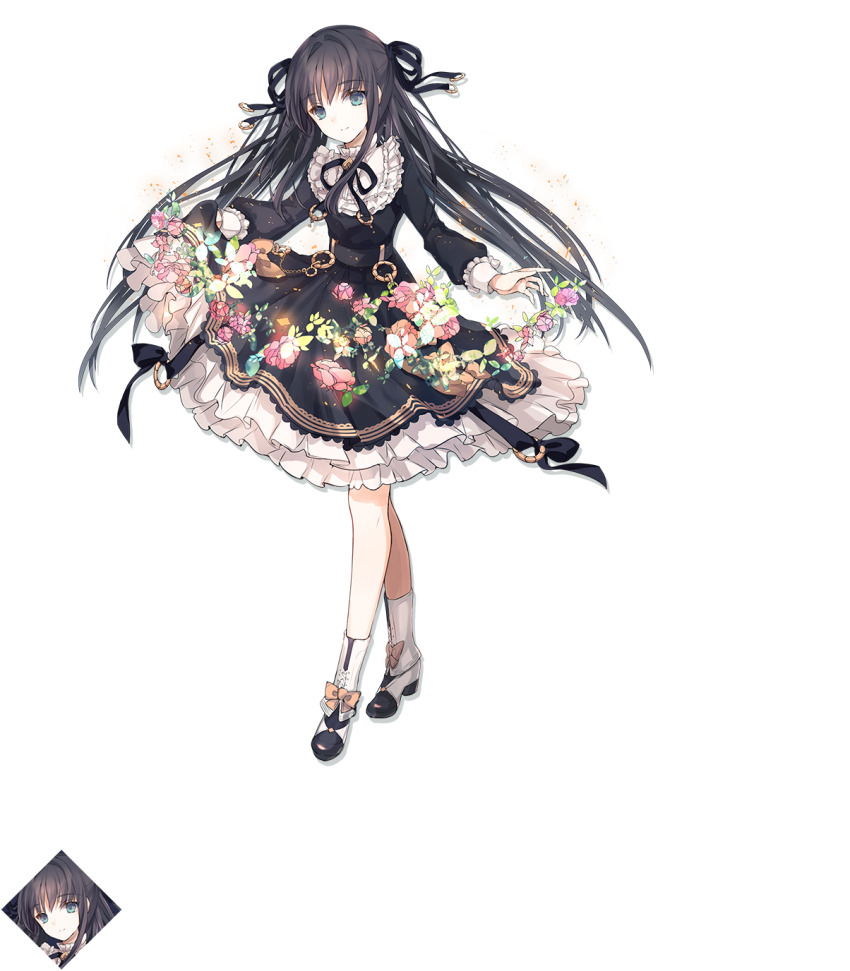 1girl, arcaea, belt, black_belt, black_dress, black_hair, black_ribbon, blue_eyes, boots, cierra_(ra-bit), closed_mouth, dress, flower, frilled_dress, frills, full_body, game_cg, hair_ribbon, highres, holding_own_dress, lolita_fashion, long_hair, long_sleeves, looking_at_viewer, neck_ribbon, official_art, ribbon, smile, solo, standing, tairitsu_(arcaea), tairitsu_(axium)_(arcaea), third-party_source, transparent_background, very_long_hair, white_boots