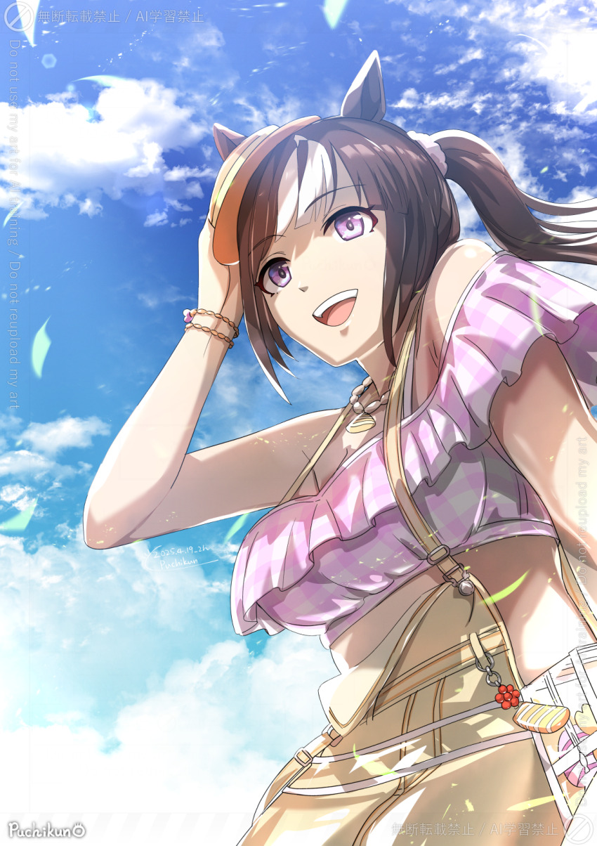 1girl, :t, animal_ears, arm_up, bare_shoulders, blush, boater_hat, breasts