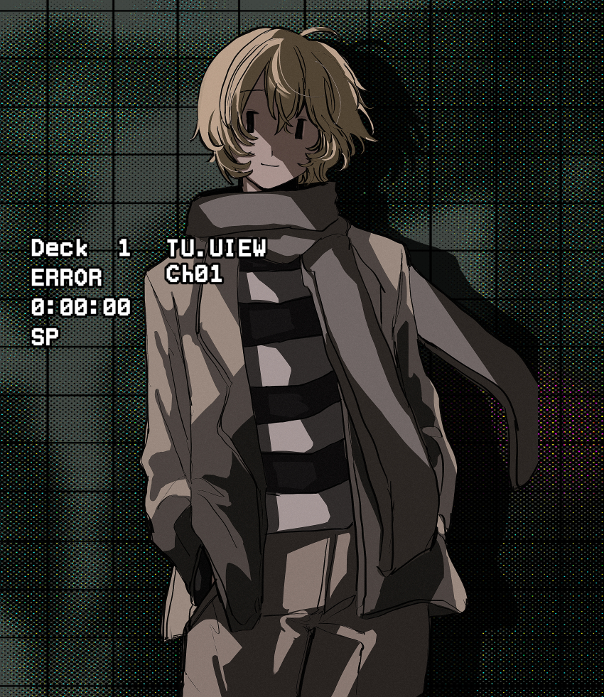 1boy, absurdres, black_eyes, blonde_hair, brown_coat, brown_scarf, coat, commentary_request, cowboy_shot, green_background, hands_in_pockets, highres, hitchhiker_b_(randal's_friends), looking_at_viewer, male_focus, randal's_friends, scarf, shirt, solo, standing, striped_clothes, striped_shirt, zakuro_(kdxd87965)