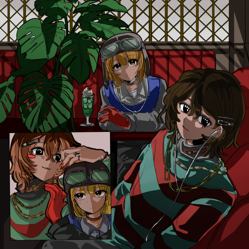1boy, 1girl, absurdres, aviator_cap, aviator_goggles, black_eyes, blonde_hair, brown_hair, chain, chain_necklace, character_request, commentary_request, drink, earphones, highres, hitchhiker_a_(randal's_friends), indoors, jacket, jewelry, looking_at_viewer, necklace, plant, randal's_friends, short_hair, sitting, striped_clothes, striped_sweater, sweater, yellow_eyes, zakuro_(kdxd87965)