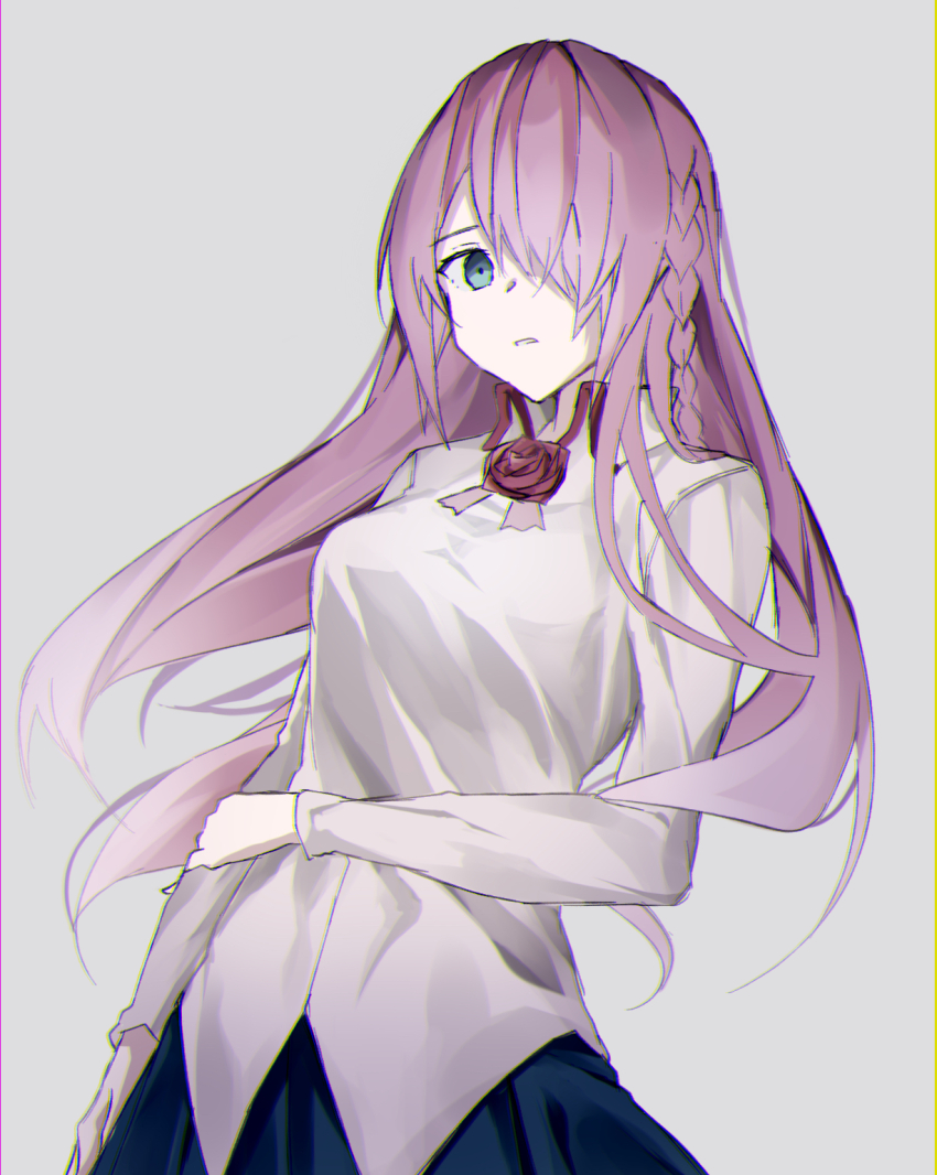 1girl, adah_(grimms_notes), alternate_costume, blue_eyes, blue_skirt, braid, breasts, casual, chromatic_aberration, collared_shirt, flower, flower_ornament, grimms_notes, hair_over_one_eye, highres, iumi_urura, long_hair, long_sleeves, medium_breasts, one_eye_covered, parted_lips, pink_hair, red_flower, red_rose, rose, shirt, simple_background, skirt, solo, teeth, white_background, white_shirt