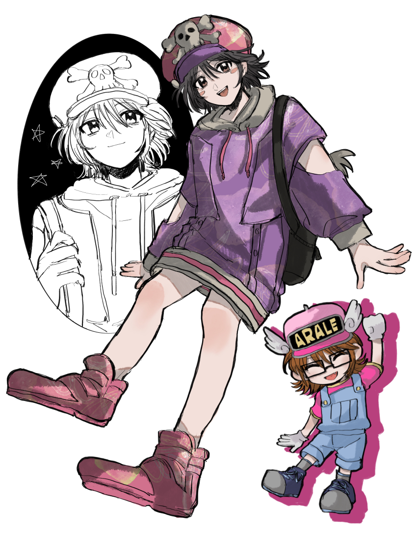 2boys, absurdres, black_hair, brown_eyes, character_request, commentary_request, cosplay, dr._slump, hat, highres, hood, hoodie, looking_at_viewer, male_focus, multiple_boys, norimaki_arale, norimaki_arale_(cosplay), overall_shorts, overalls, purple_hoodie, randal's_friends, randal_ivory, short_hair, tsukada_satoru, white_background, zakuro_(kdxd87965)