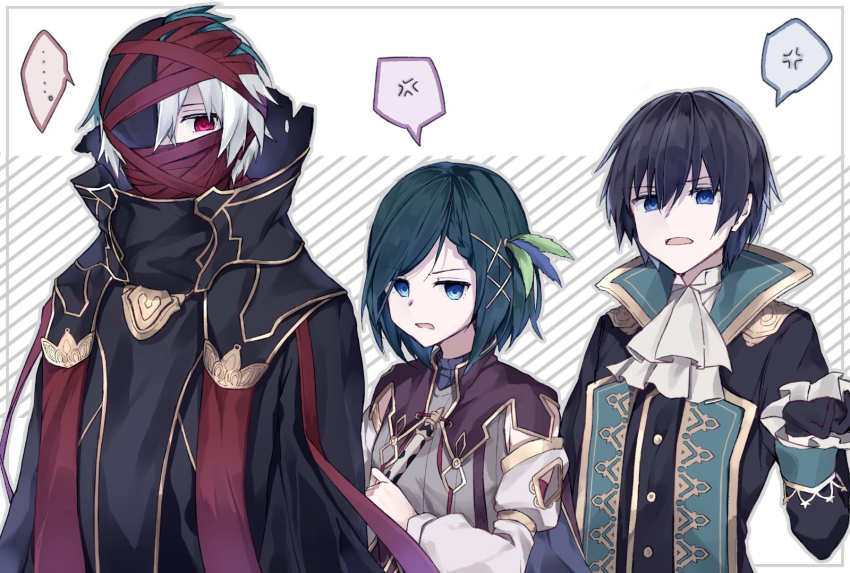 ..., 1girl, 2boys, anger_vein, aqua_hair, ascot, bandage_on_face, bandages