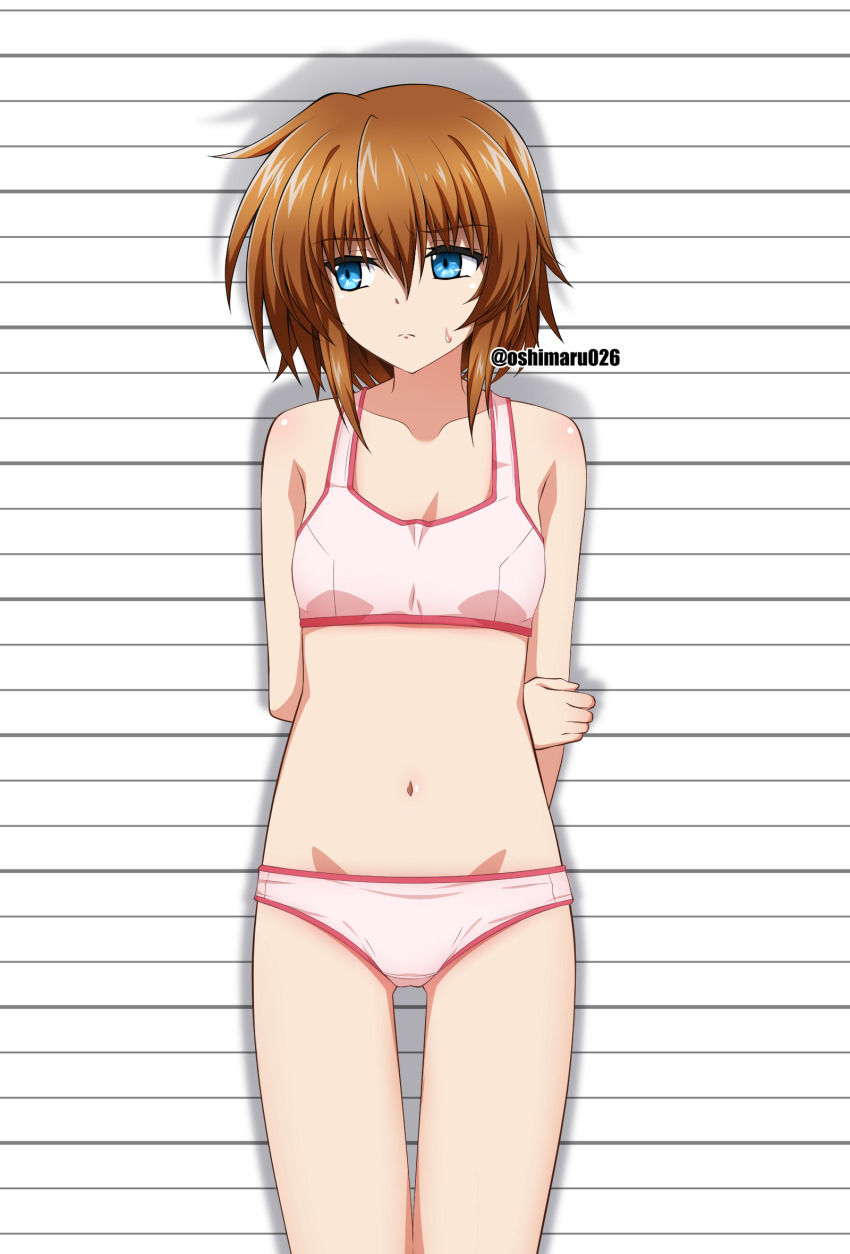 1girl, bare_shoulders, blue_eyes, bra, brown_hair, eyebrows_hidden_by_hair, flat_chest, hair_between_eyes