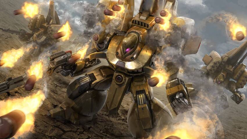 absurdres, beam_cannon, beam_rifle, chest_cannon, cloud, cloudy_sky, contrail, desert