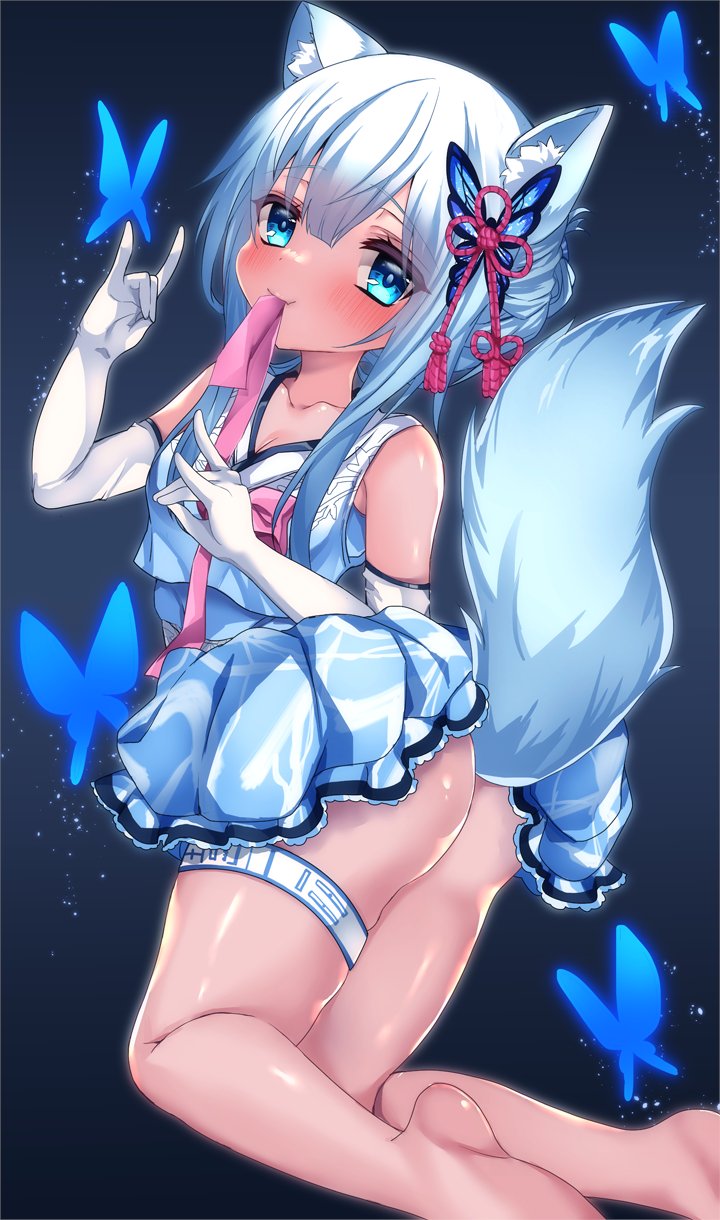 1girl, animal_ears, ass, bare_shoulders, blue_butterfly, blue_hair, bug, butterfly, butterfly_hair_ornament, elbow_gloves, folded_ponytail, fox_ears, fox_girl, fox_tail, gloves, gushagusha5, hair_ornament, highres, insect, kitsune_ga_boku_wo_matteiru, kitsune_ga_boku_wo_matteiru_hana, korean_clothes, looking_at_viewer, ryufa_(kitsune_ga_boku_wo_matteiru), solo, tail, third-party_source