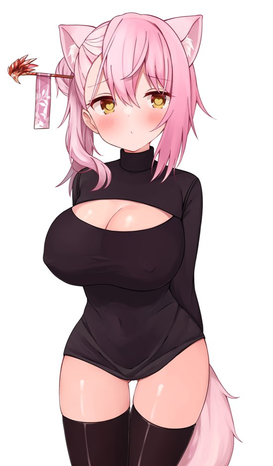 1girl, animal_ears, black_sweater, breasts, fox_ears, fox_girl, fox_tail, hair_ornament