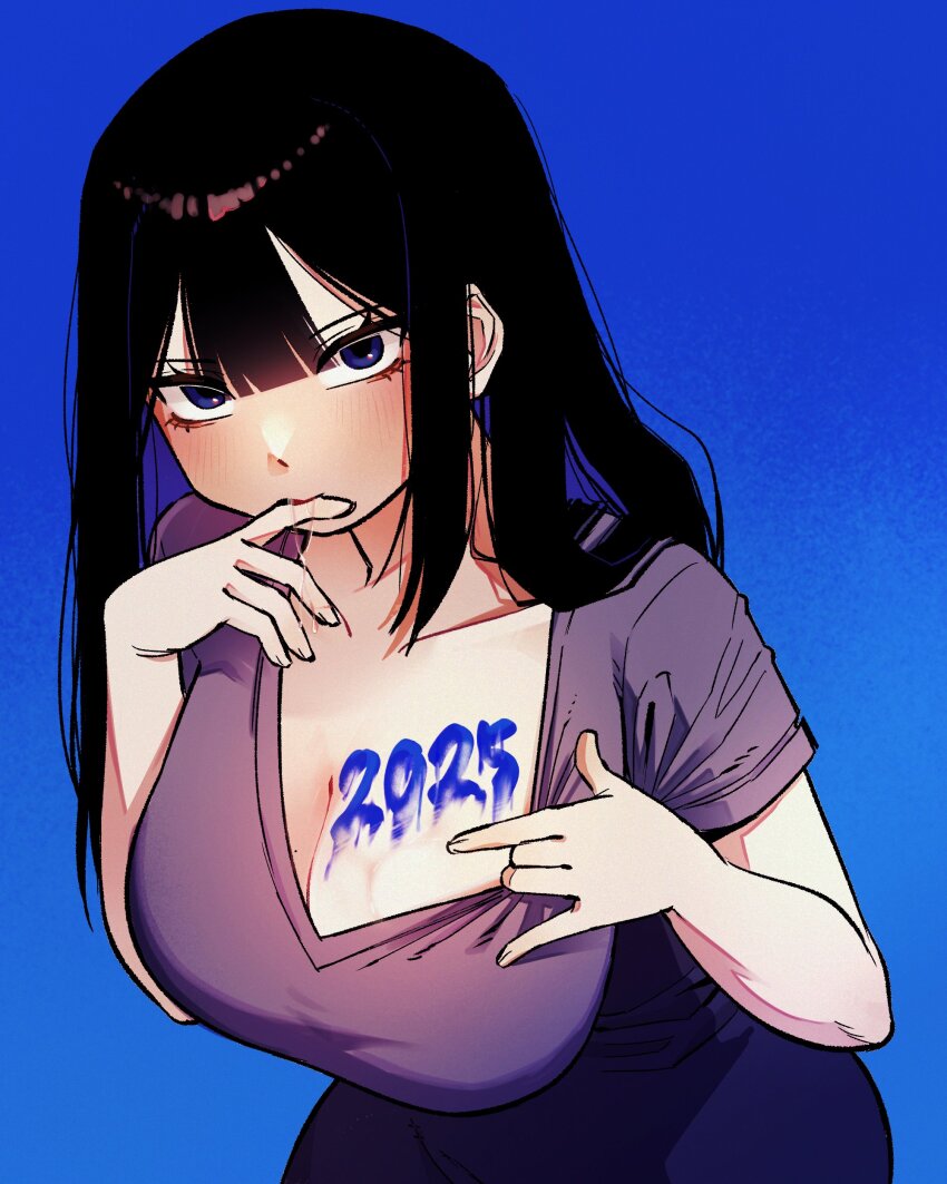 1girl, 2025, absurdres, biting_own_finger, black_hair, blue_background, blue_eyes, blue_hair