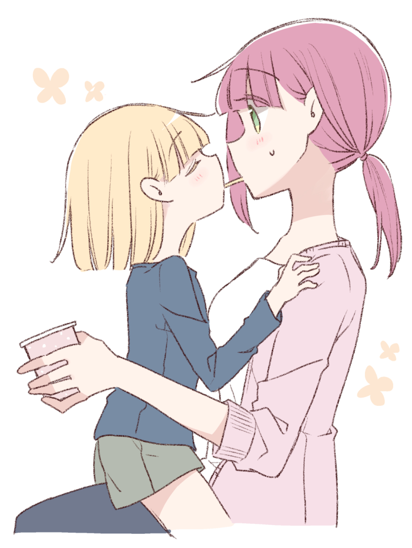 2girls, 66ta1yak1, age_difference, blonde_hair, blue_shirt, bob_cut, cardigan, closed_eyes, colored_eyelashes, food, green_eyes, highres, long_hair, multiple_girls, onee-loli, original, pink_cardigan, pocky, pocky_kiss, ponytail, red_hair, shared_food, shirt, shorts, white_background, yuri