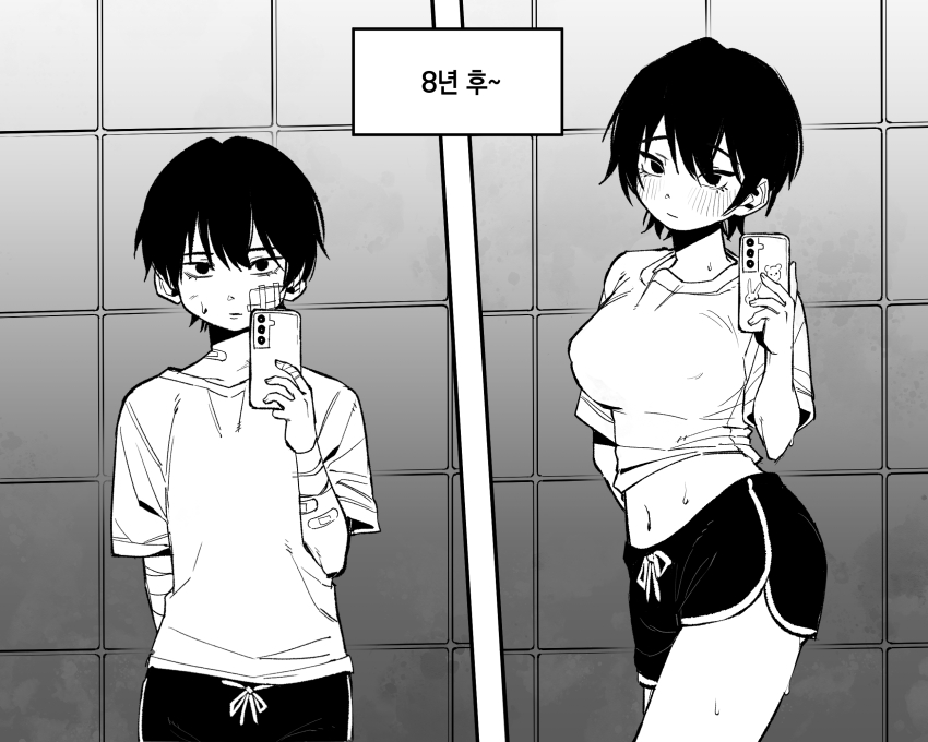 1girl, age_progression, bandaid, bandaid_on_arm, bandaid_on_neck, black_shorts, blush, breasts, cellphone, covered_erect_nipples, dguadraw, dolphin_shorts, earrings, gauze, gauze_on_cheek, greyscale, highres, holding, holding_phone, jewelry, large_breasts, looking_at_viewer, midriff, monochrome, navel, original, phone, projected_inset, school_uniform, shirt, short_hair, short_shorts, short_sleeves, shorts, smartphone, t-shirt, taking_picture, tomboy, white_shirt