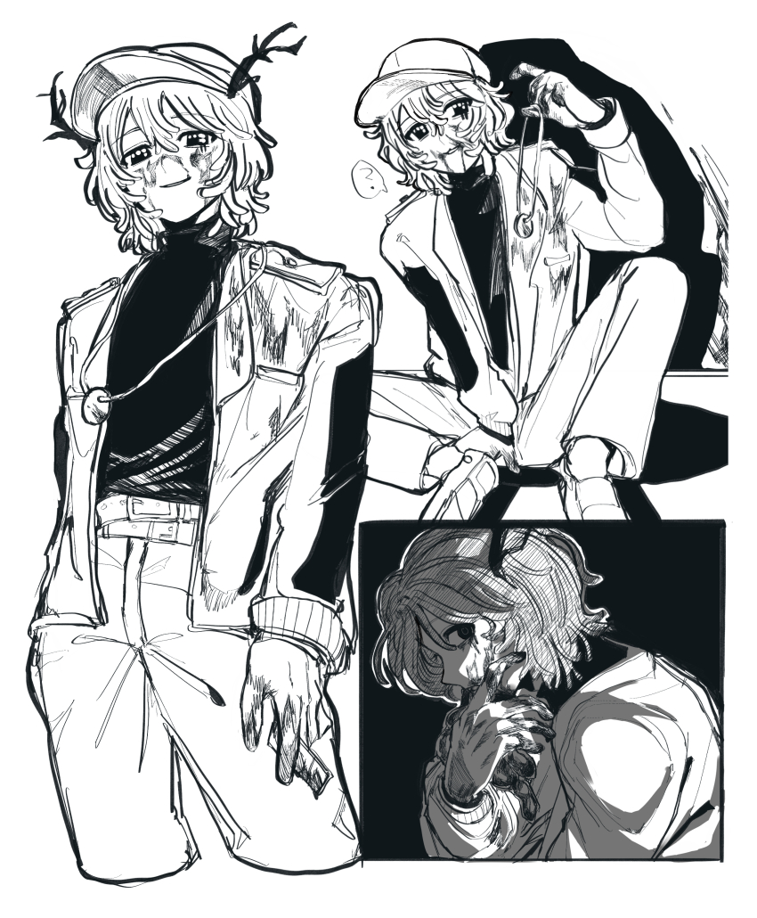 1boy, absurdres, antlers, baseball_cap, blood, blood_on_clothes, blood_on_hands, cannibalism, commentary_request, eating, greyscale, hat, highres, hitchhiker_a_(randal's_friends), holding, holding_jewelry, holding_necklace, horns, jacket, jewelry, looking_at_viewer, male_focus, monochrome, multiple_views, necklace, randal's_friends, razor_blade, short_hair, simple_background, sweater, turtleneck, turtleneck_sweater, white_background, zakuro_(kdxd87965)