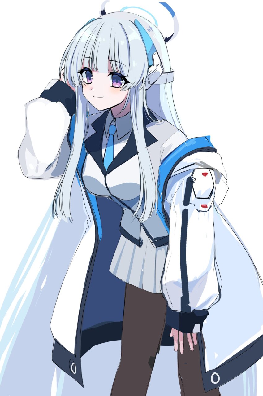 1girl, blue_archive, blue_necktie, commentary_request, gothloli_dokuro, halo, highres, jacket, long_hair, long_sleeves, looking_at_viewer, mechanical_halo, necktie, noa_(blue_archive), pantyhose, purple_eyes, shirt, skirt, smile, solo, very_long_hair, white_hair, white_shirt
