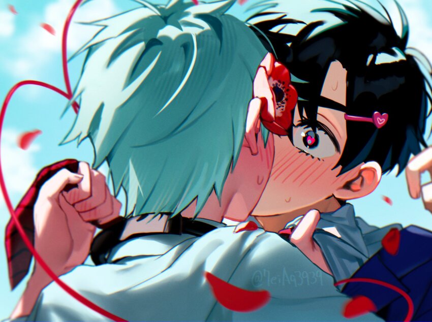 2boys, 7eiaq3939, alien_stage, anemone_(flower), black_eyes, black_hair, blue_jacket, blush, clothes_grab, collar_grab, collared_shirt, commentary, english_commentary, falling_petals, flower, grey_hair, hair_flower, hair_ornament, hairclip, heart, heart_hair_ornament, heart_in_eye, highres, ivan_(alien_stage), jacket, kiss, male_focus, multiple_boys, necktie, necktie_grab, neckwear_grab, petals, red_flower, red_necktie, red_petals, school_uniform, shirt, short_hair, string, string_of_fate, surprise_kiss, surprised, symbol_in_eye, till_(alien_stage), very_short_hair, white_shirt, yaoi