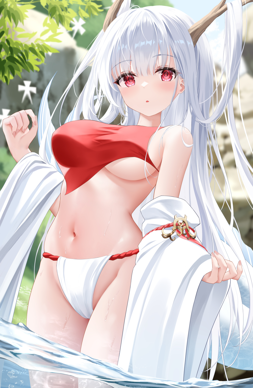 1girl, absurdres, azur_lane, bare_shoulders, breasts, day, detached_sleeves, dragon_girl