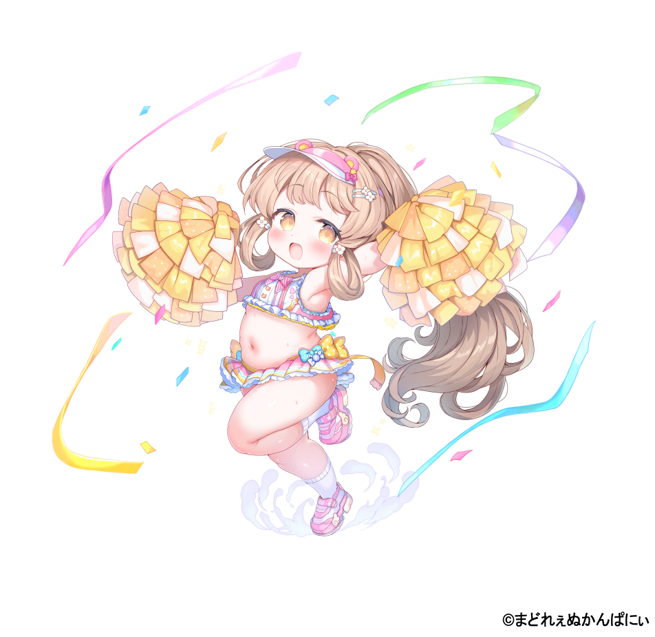 1girl, :d, armpits, bare_arms, brown_eyes, brown_hair, character_request, cheerleader