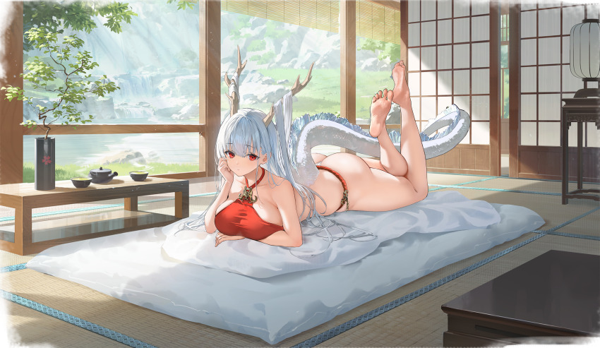 1girl, absurdres, architecture, arm_under_breasts, ass, azur_lane, bare_arms, bare_legs
