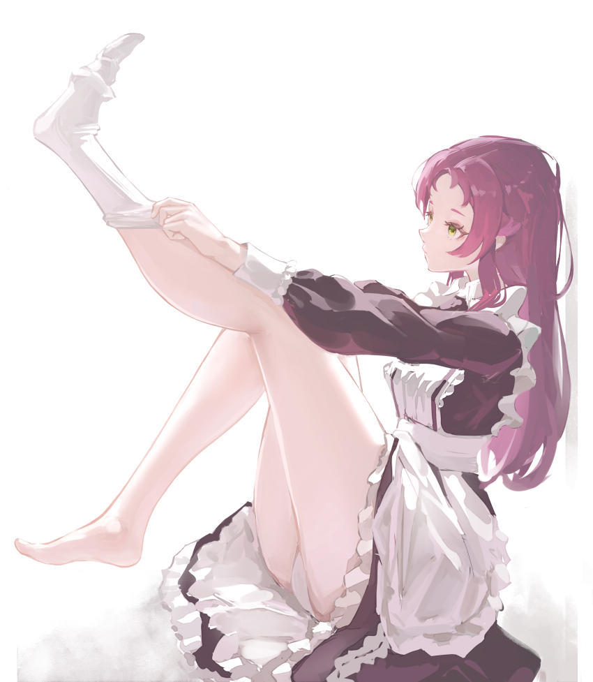 1girl, absurdres, adjusting_clothes, adjusting_legwear, aisha_greyrat, alternate_hairstyle, apron, bare_legs