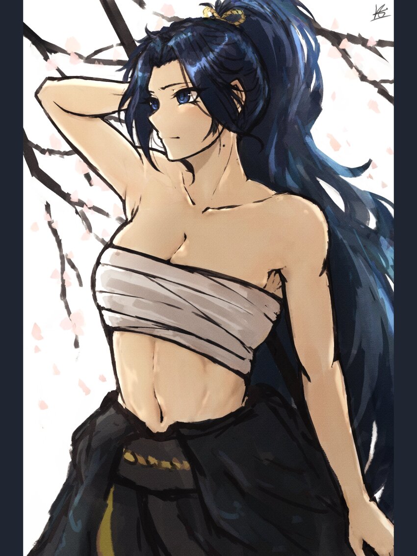 1girl, absurdres, akita_(akitakipuromun), bare_arms, bare_shoulders, blue_eyes, blue_hair, breasts, chest_sarashi, cleavage, collarbone, high_ponytail, highres, limbus_company, lin_daiyu_(project_moon), long_hair, looking_to_the_side, midriff, navel, ponytail, project_moon, sarashi, signature, solo, upper_body, very_long_hair