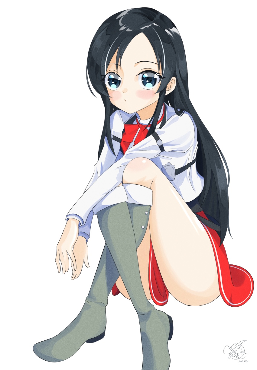 1girl, absurdres, black_corset, black_hair, blue_eyes, blush, blush_stickers, boots