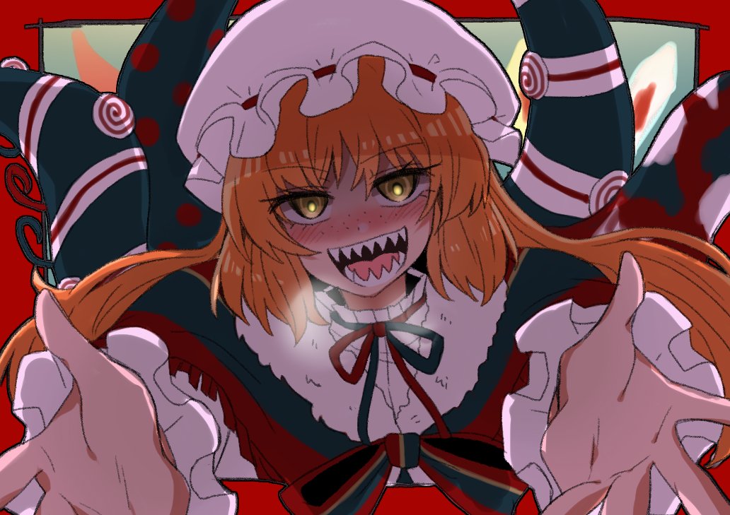 1girl, blush, bow, christmas_nightmare_(e.g.o), e.g.o_(project_moon), hat, ishmael_(project_moon), limbus_company, long_hair, long_sleeves, looking_at_viewer, mob_cap, multicolored_bow, myomyomyo114, orange_hair, outstretched_arms, project_moon, reaching, reaching_towards_viewer, sharp_teeth, solo, striped_shawl, teeth, tentacles, upper_body, white_hat, yellow_eyes, you_gonna_get_eaten