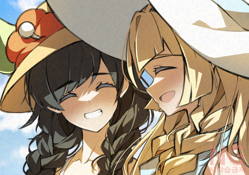 2girls, adversarial_noise, black_hair, blonde_hair, braid, brown_hat, closed_eyes, cloudsmoothie