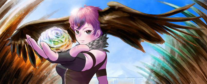 1girl, absurdres, aburaeoyaji, arm_at_side, arm_up, armband, bare_shoulders, bird_wings