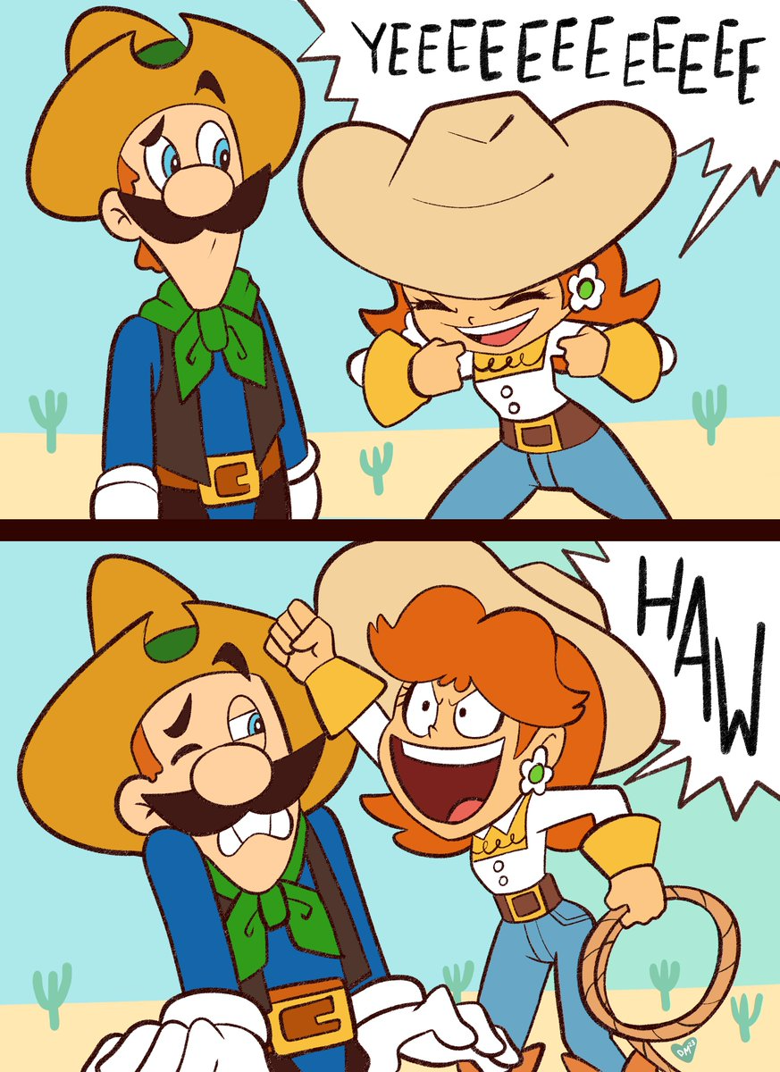 belt, brown_hair, cactus, cowboy, cowboy_hat, cowboy_western, cowgirl_(western), cowgirl_outfit, day, desert, disney, domestic_maid, earrings, facial_hair, gloves, hat, highres, jessie_(toy_story), jewelry, lazo, luigi, mario_(series), mario_party, mario_party_2, mustache, nintendo, parody, pixar, princess_daisy, scarf, shouting, smile, toy_story, toy_story_2, western, woody
