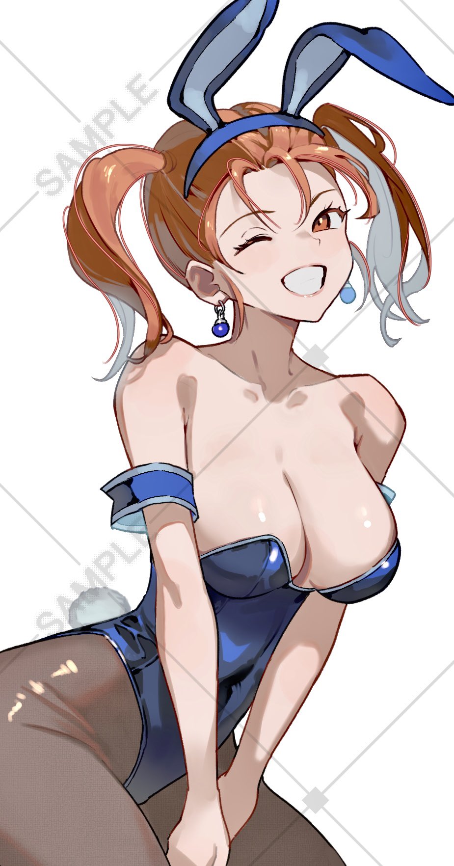 1girl, animal_ear_hairband, animal_ears, bare_shoulders, blue_gem, blue_hairband, blue_leotard, breasts