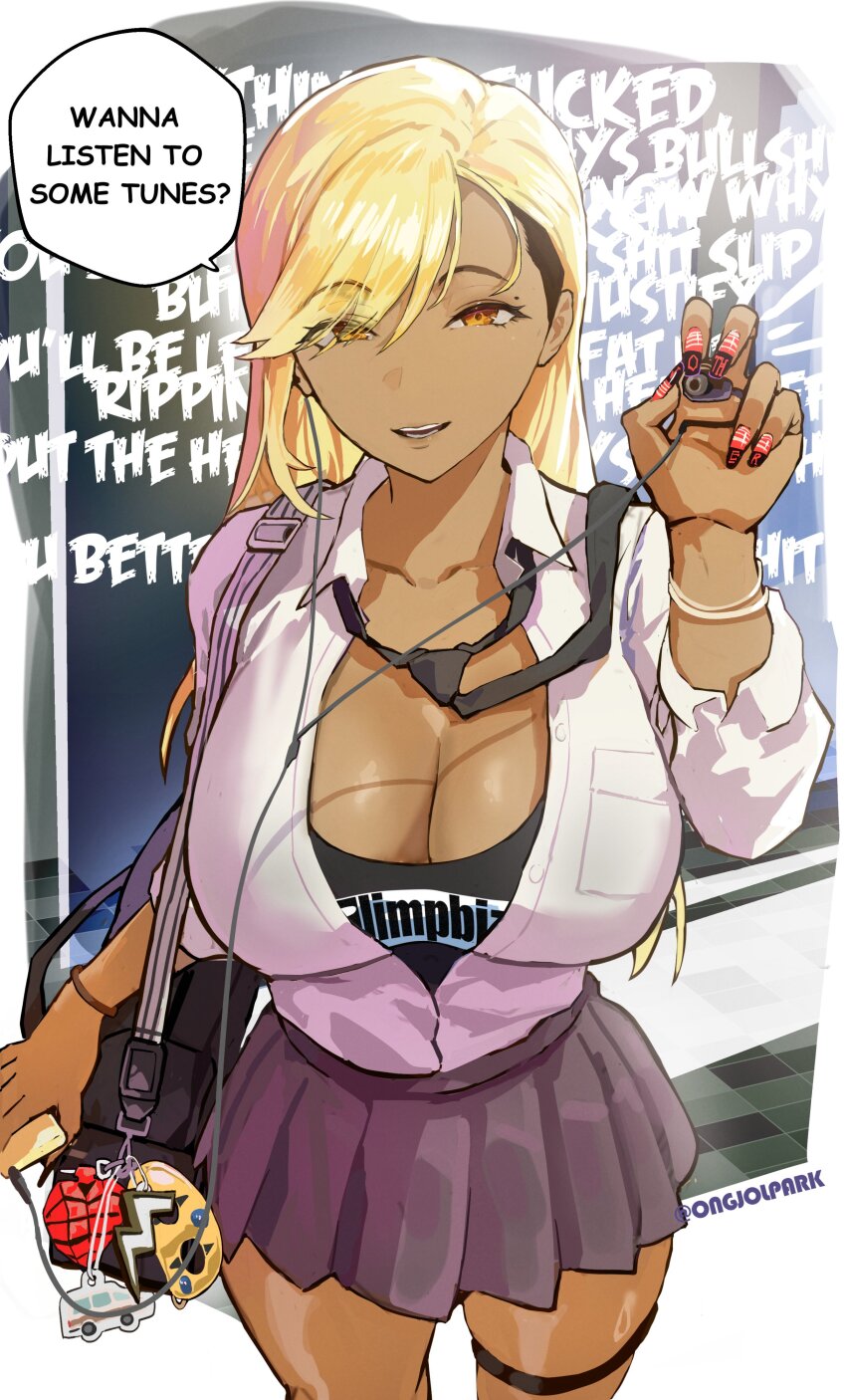 1girl, absurdres, bag, bag_charm, black_bag, black_necktie, black_tank_top, blonde_hair, bracelet, breasts, charm_(object), cleavage, collared_shirt, commentary, dress_shirt, earbuds, earphones, english_commentary, from_above, grey_skirt, gyaru, hair_behind_ear, highres, jewelry, large_breasts, limp_bizkit, long_hair, looking_at_viewer, loose_necktie, miniskirt, mole, mole_above_eye, nail_polish, necktie, necktie_over_shoulder, open_mouth, orange_eyes, original, park_ongjol, parted_bangs, partially_unbuttoned, pleated_skirt, rock_fan_gyaru_(park_ongjol), school_bag, school_uniform, shirt, shirt_tucked_in, skirt, sleeves_rolled_up, solo, speech_bubble, standing, tan, tank_top, thigh_strap, white_shirt